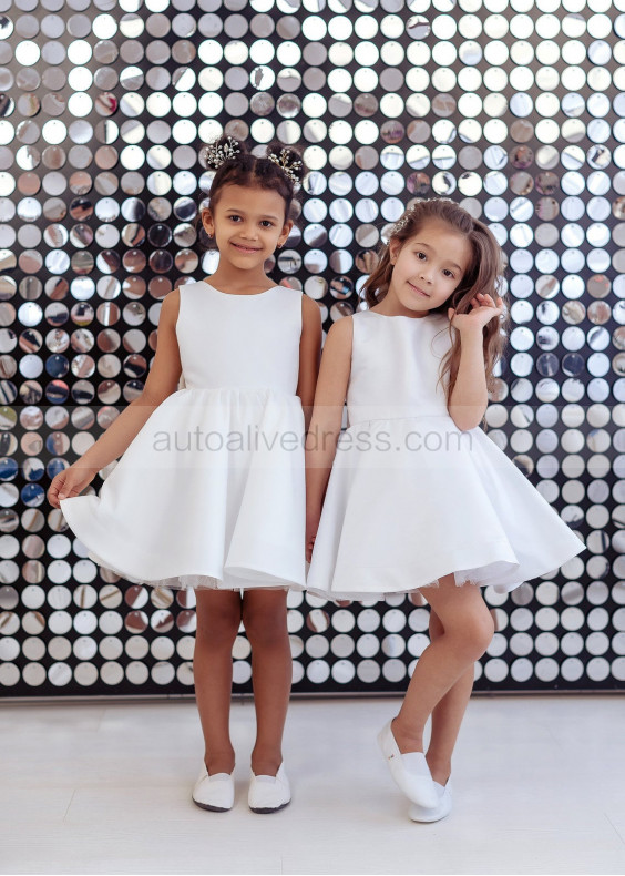 White Satin Knee Length Simple Flower Girl Dress